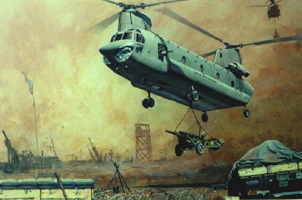 Painting of CH47 with piggyback sling load